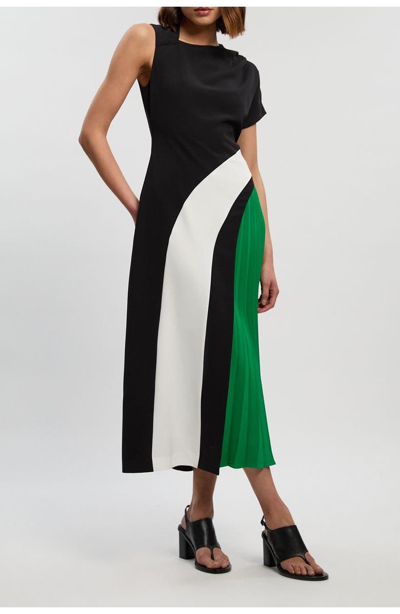 Karen Millen Colour Block Pleated Midi Dress, Alternate, color, Mono