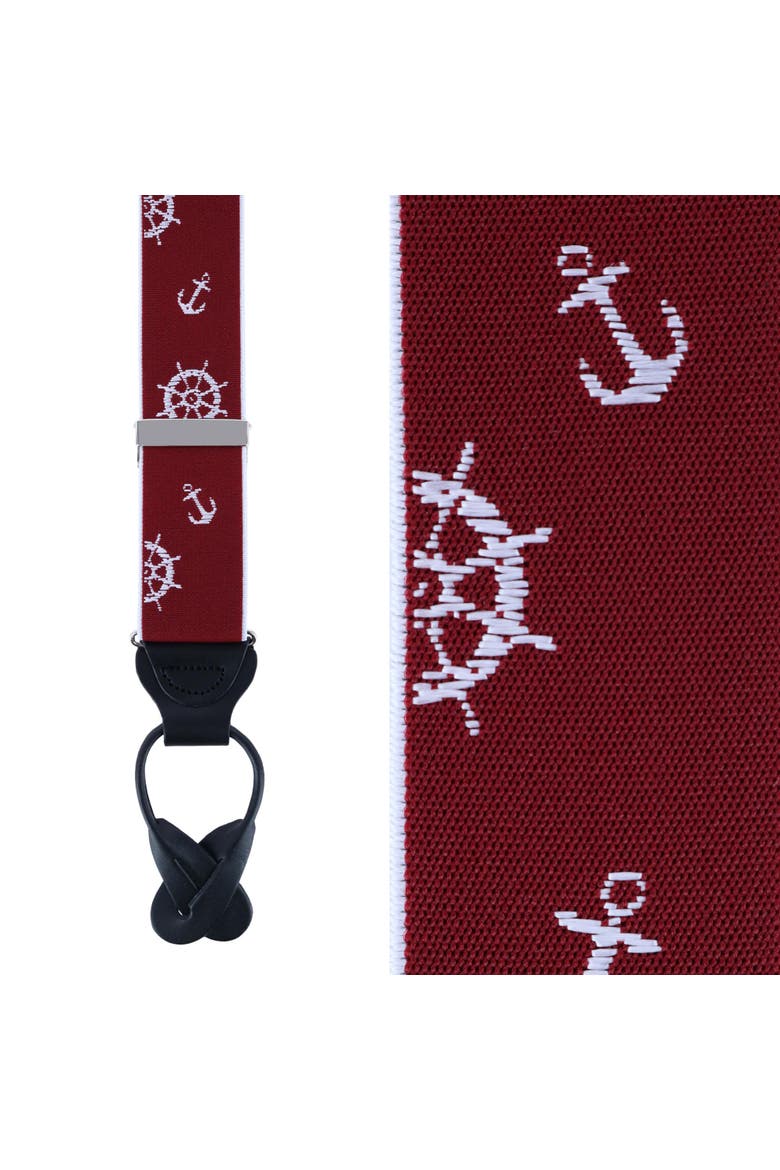 Ahoy Nautical Themed Elastic Button End Suspenders, Main, color, Burgundy
