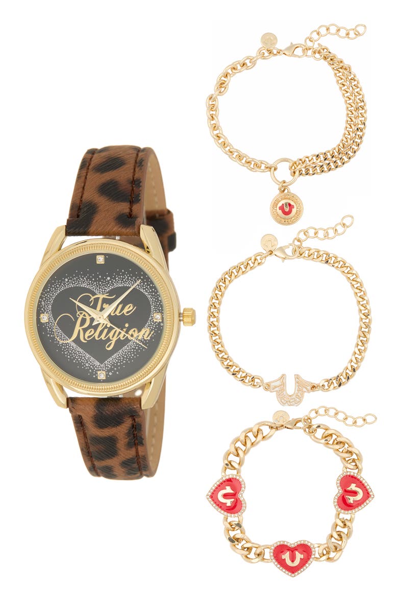 Crystal Faux Leather Strap Watch & Bracelets Set, 34mm, Main, color, GOLD