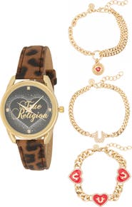 True Religion Crystal Faux Leather Strap Watch & Bracelets Set, 34mm