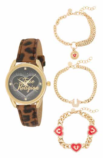True Religion Crystal Faux Leather Strap Watch & Bracelets Set, 34mm