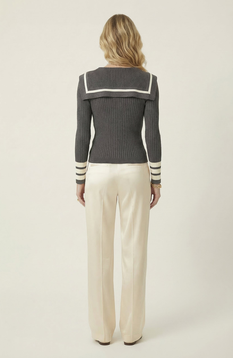 Modenaire Ribbed Knit Cardigan with Sailor Collar and Contrast Trim, Alternate, color, Charcoal Gray