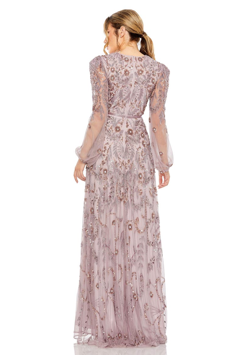 Puff Sleeve Embellished A-Line Gown, Alternate, color, Heather