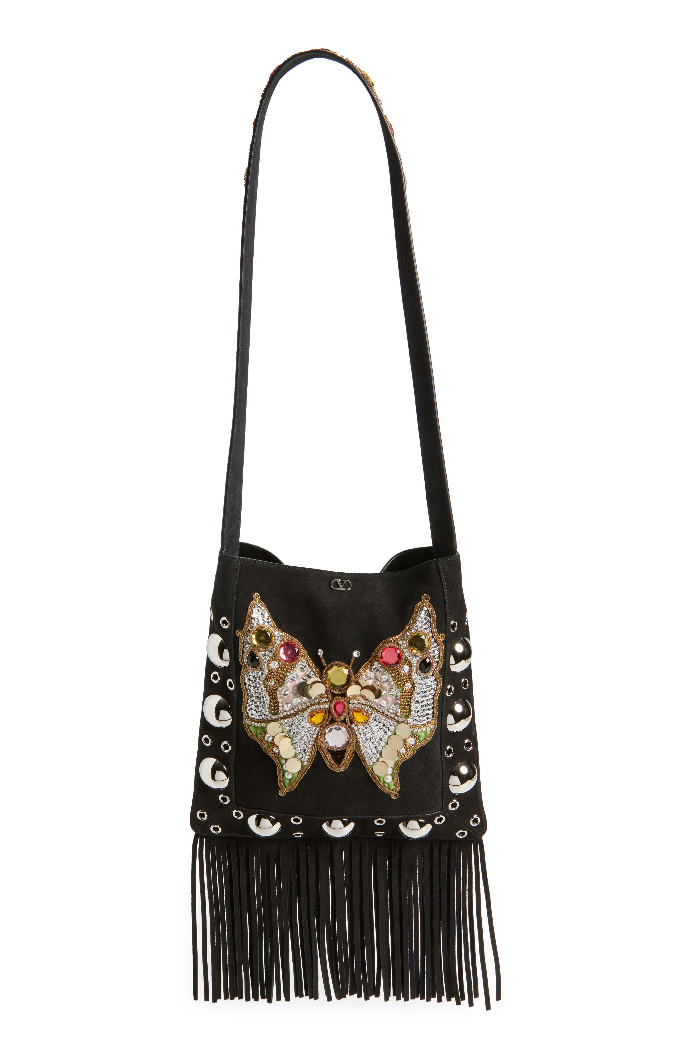 Valentino Garavani Medium Nellcôte Butterfly Suede Crossbody Bag, Main, color, Multi Black