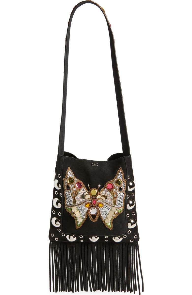Valentino Garavani Medium Nellcôte Butterfly Suede Crossbody Bag, Main, color, Multi Black