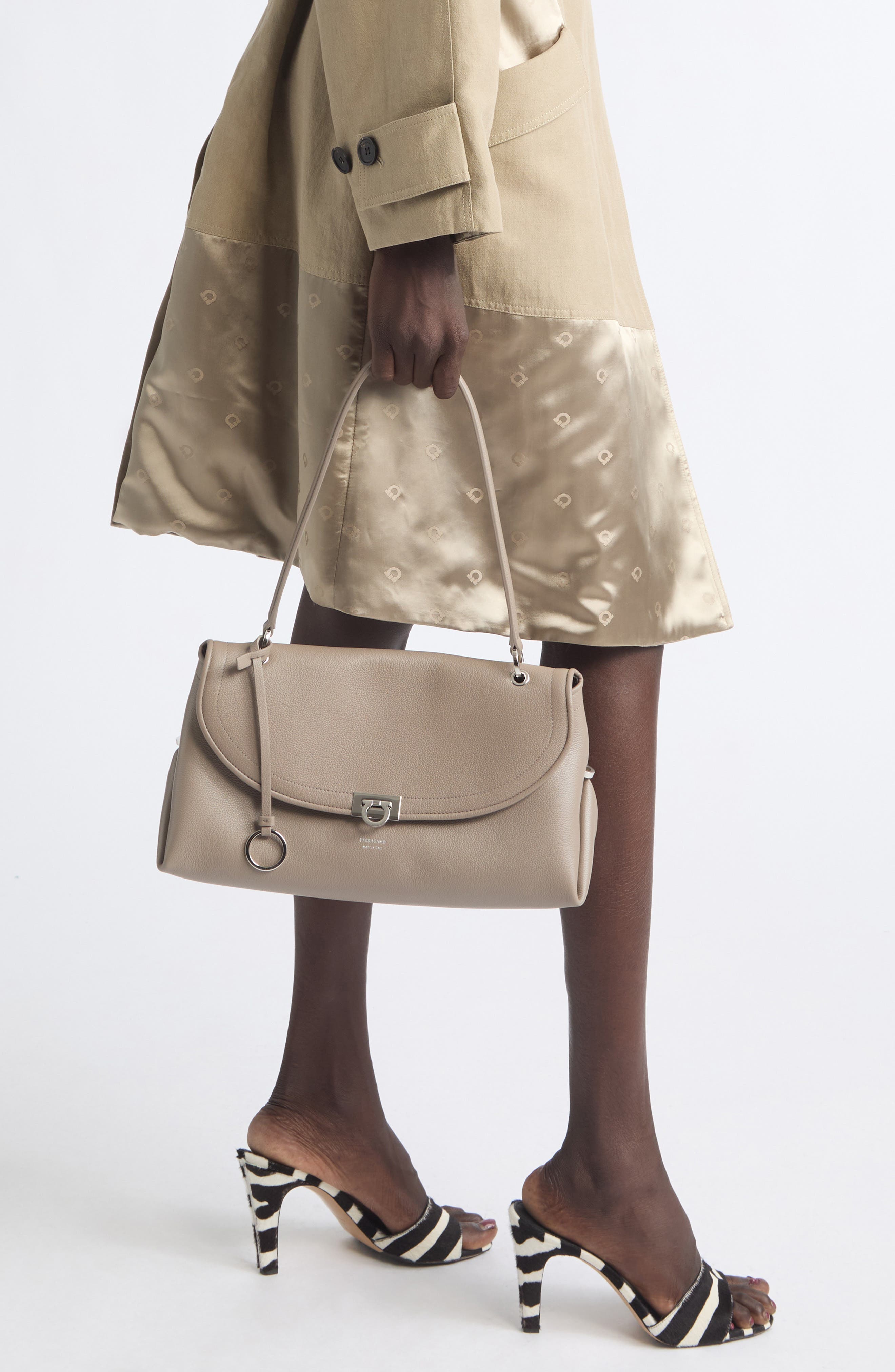 Gancio Leather Shoulder Bag, Alternate, color, WARM TAUPE T DI MORO