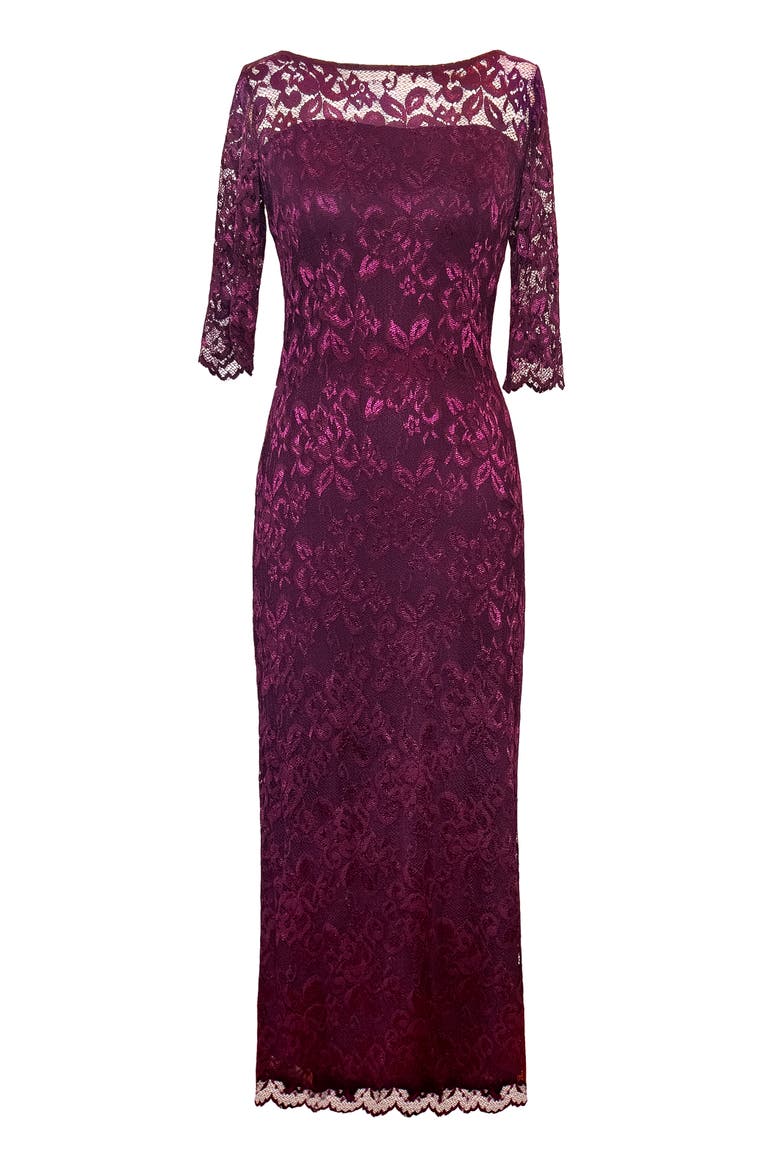 Lila 3/4 Sleeve Lace Maxi Gown, Alternate, color, Claret