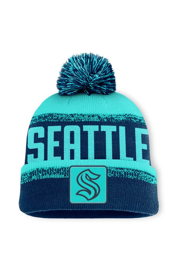 Men's Fanatics Deep Sea Blue/Light Blue Seattle Kraken Fundamentals Thrive Cuffed Knit Hat with Pom, Main, color, Navy