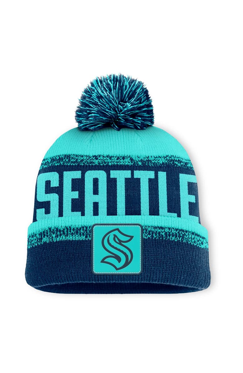 FANATICS Men's Fanatics Deep Sea Blue/Light Blue Seattle Kraken Fundamentals Thrive Cuffed Knit Hat with Pom, Main, color, Navy