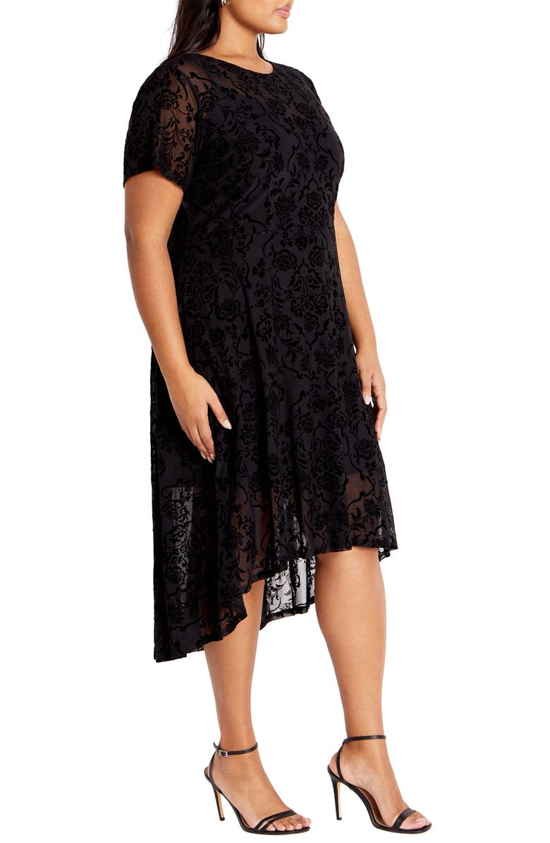 City Chic Sienna Velvet Burnout High-Low Dress, Alternate, color, Black