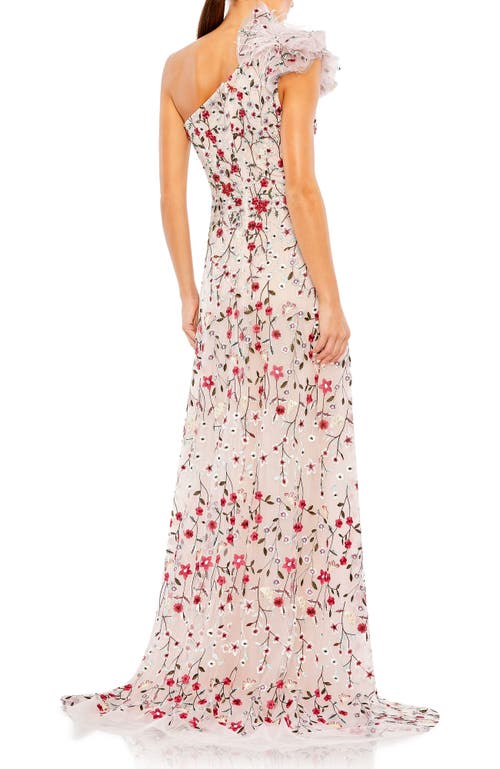 Mac Duggal Embellished Ruffled One Shoulder A Line Gown In Rose Multi