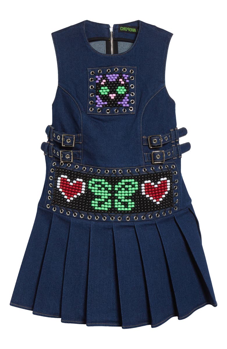 Chopova Lowena Patty Pleated Denim Dress, Alternate, color, Blue And Multi