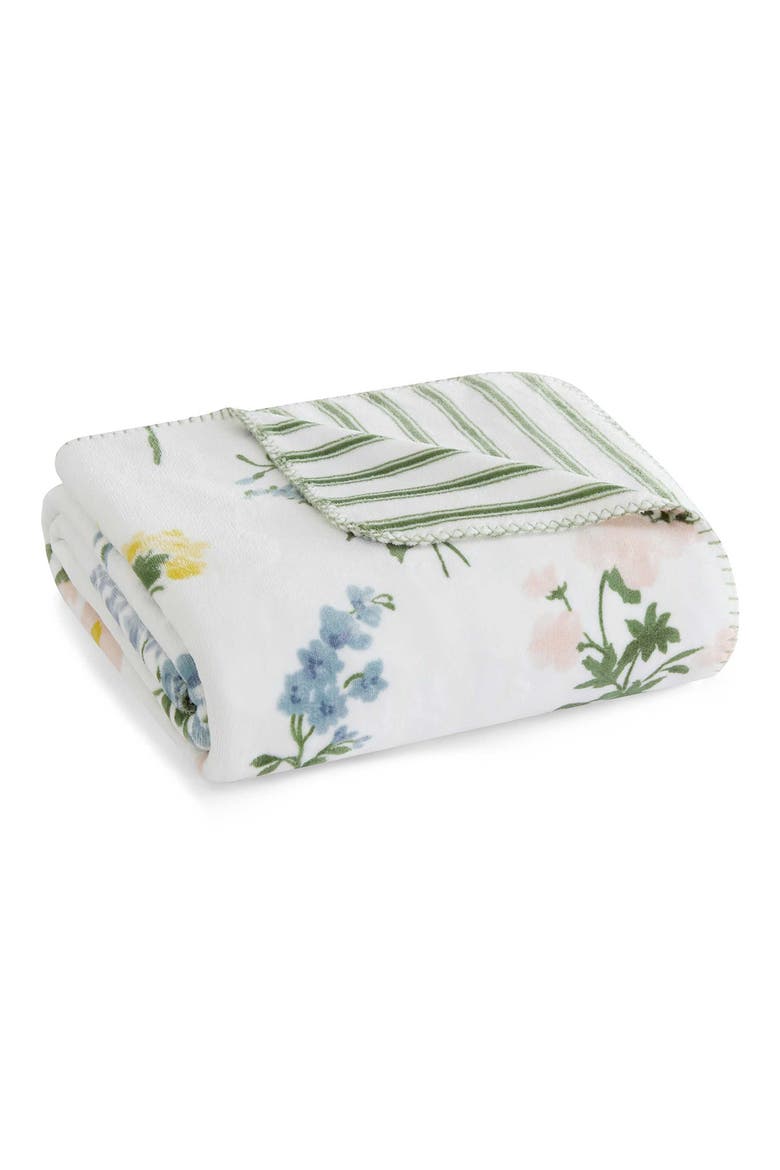 Josephine Reversible Floral Plush Throw, Main, color, WHITE/ PEARL PEACH/ GREEN