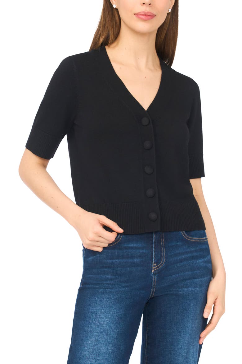 Covered Button Short Sleeve Cardigan, Main, color, RICH BLACK