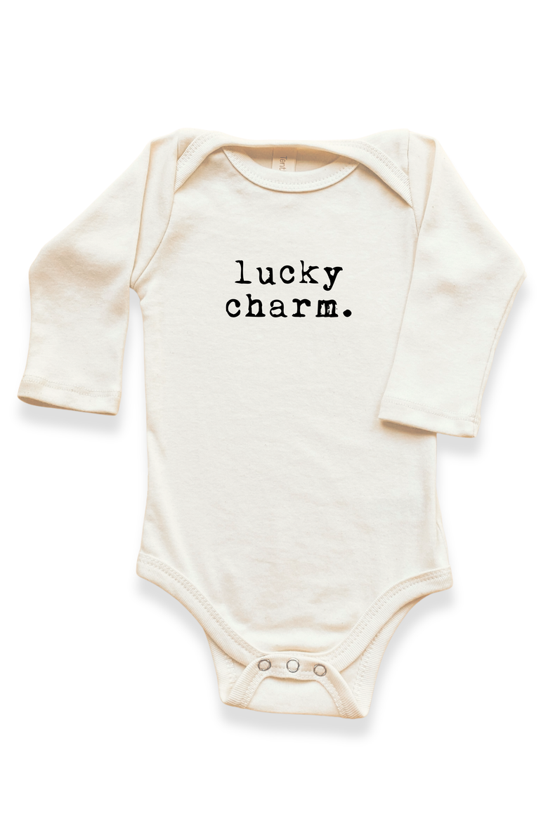 Tenth & Pine Lucky Charm Organic Baby Bodysuit Long Sleeve, Main, color, Natural Black Lettering