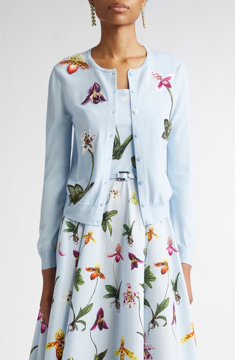 Oscar de la Renta Orchid Embroidered Virgin Wool Cardigan, Main, color, Light Blue