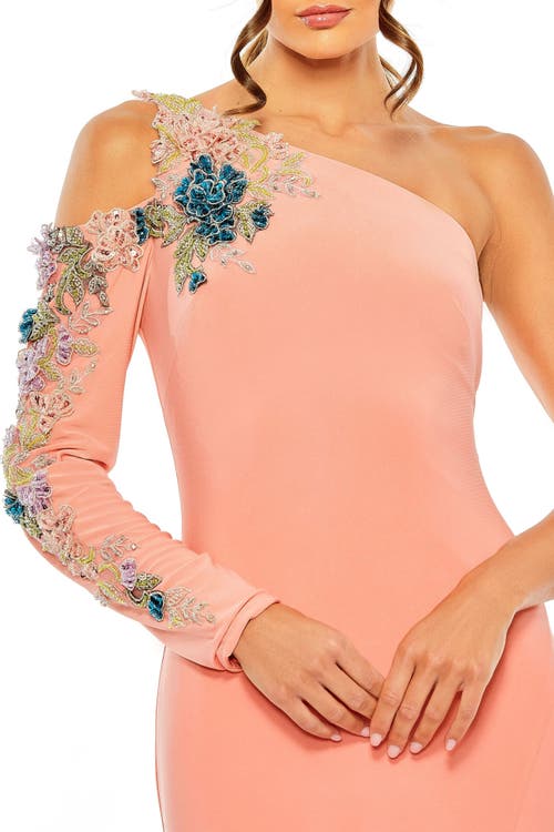 Mac Duggal One Shoulder Long Sleeve Floral Embellished Gown In Peach Multi