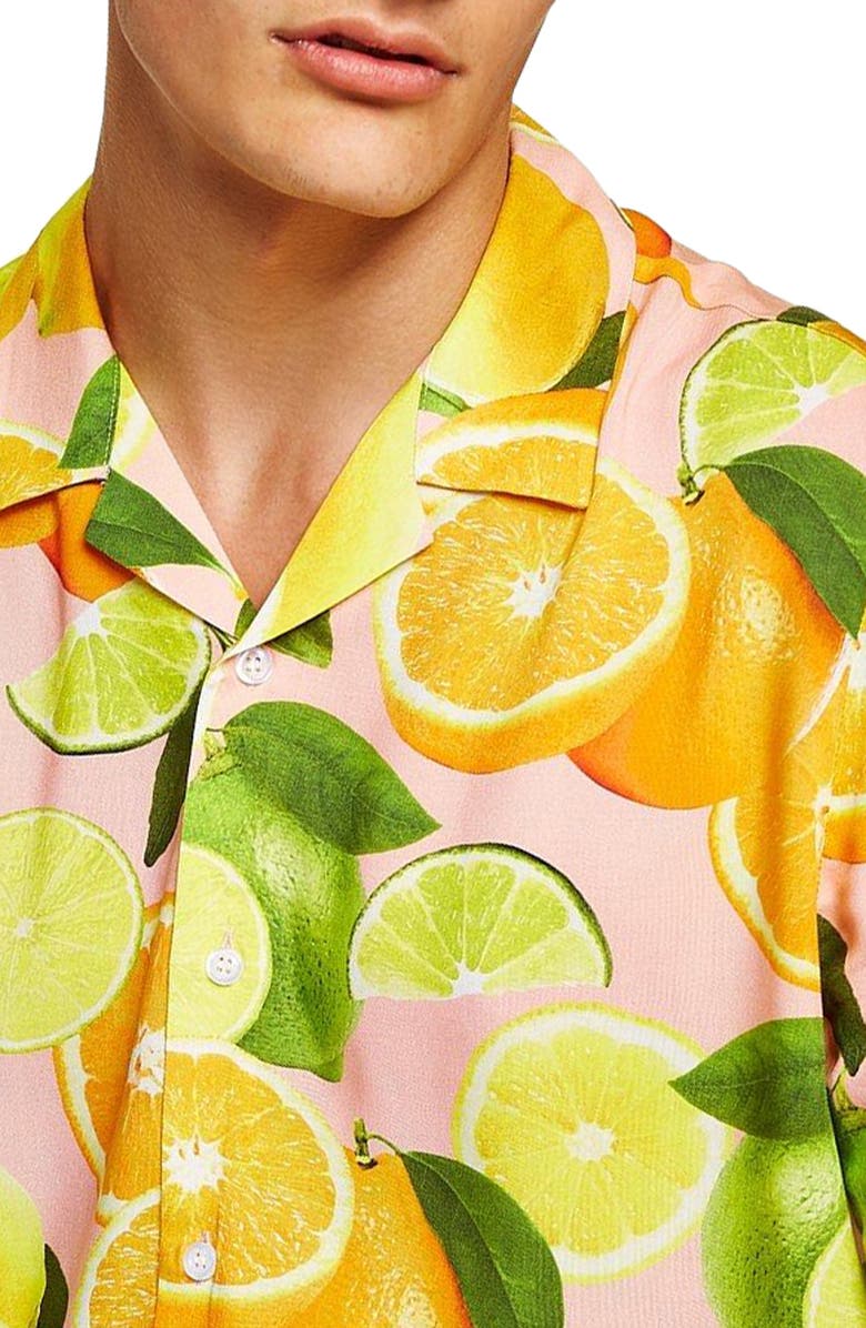 Topman Lemon Print Camp Shirt, Alternate, color,