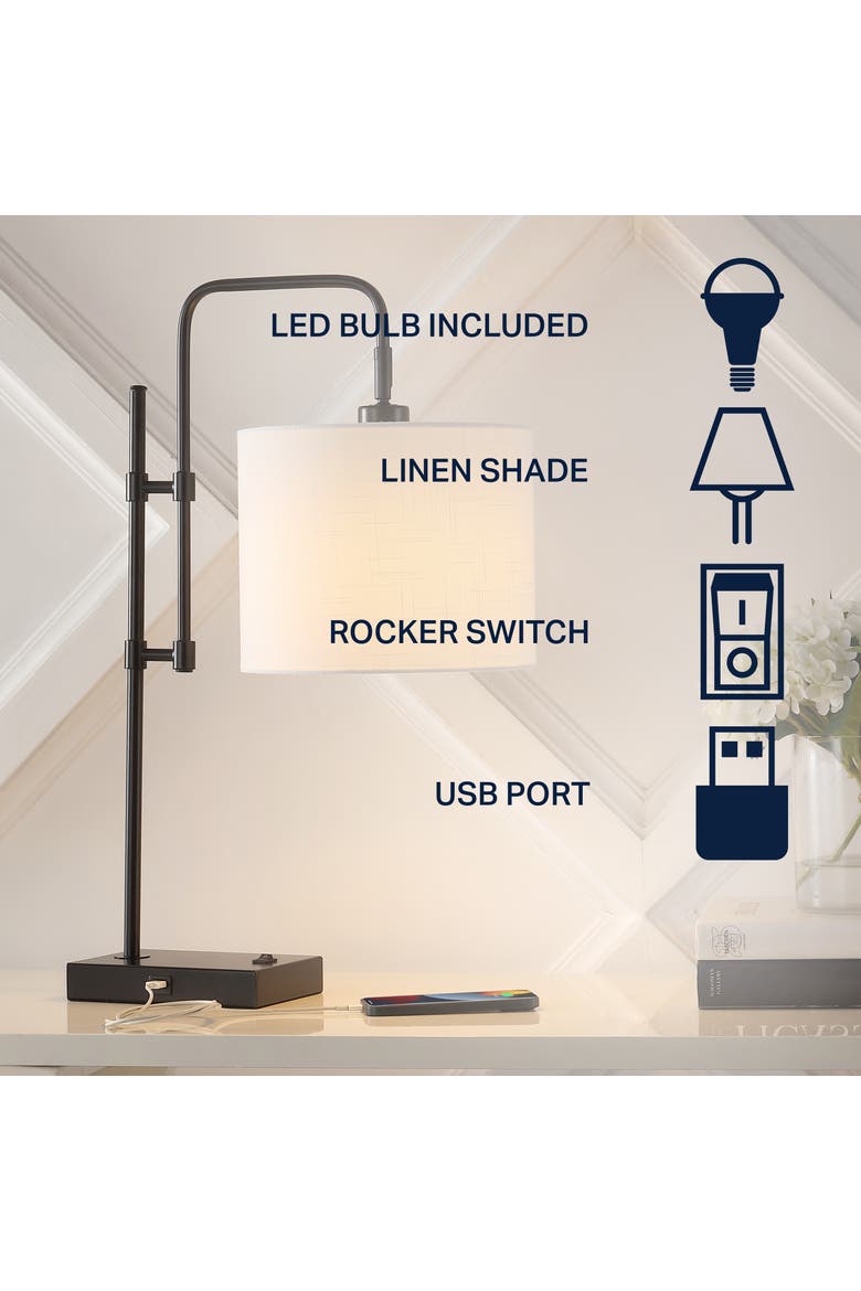 Edris Industrial Designer Metal LED Task Lamp with USB Charging Port, Alternate, color, Black with White Shade