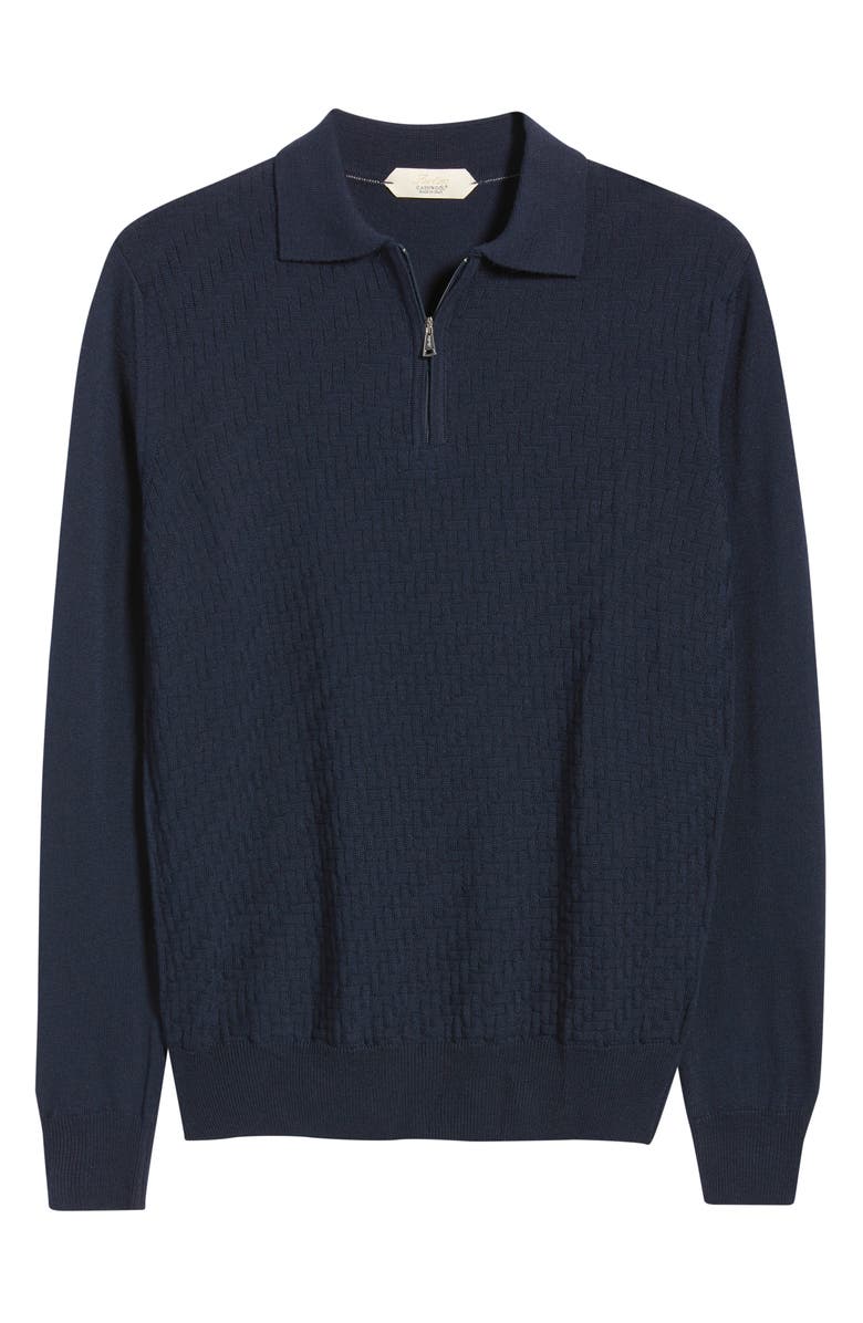 Aurélien Basket Weave Stitch Long Sleeve Cashwool<sup>®</sup> Quarter Zip Polo Sweater, Alternate, color, Navy