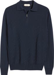 Aurélien Basket Weave Stitch Long Sleeve Cashwool® Quarter Zip Polo Sweater