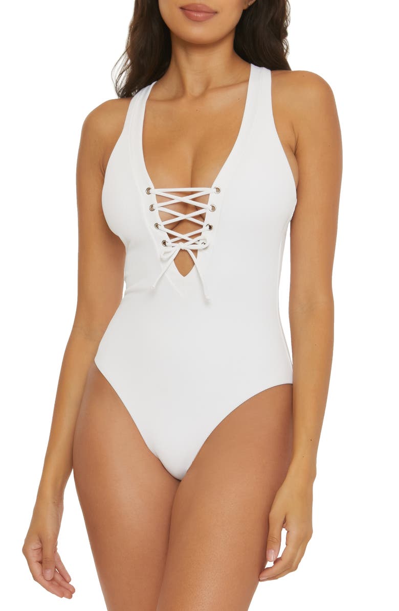 Becca Modern Edge Plunge Lace-Up Ribbed One-Piece Swimsuit, Main, color,