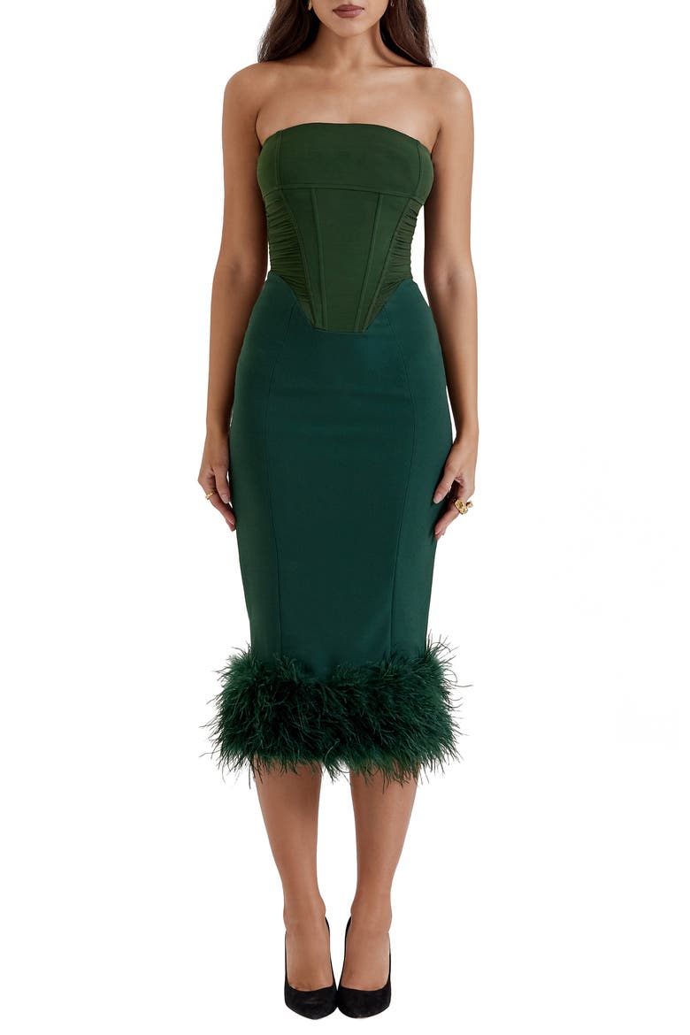 Fionula Strapless Feather Hem Midi Dress, Main, color, EMERALD GREEN