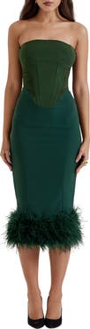 HOUSE OF CB Fionula Strapless Feather Hem Midi Dress