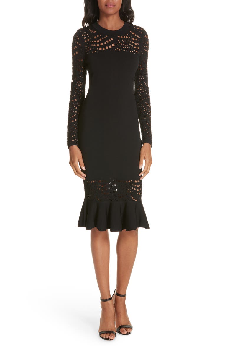 Lace Pointelle Mermaid Midi Dress, Main, color, BLACK