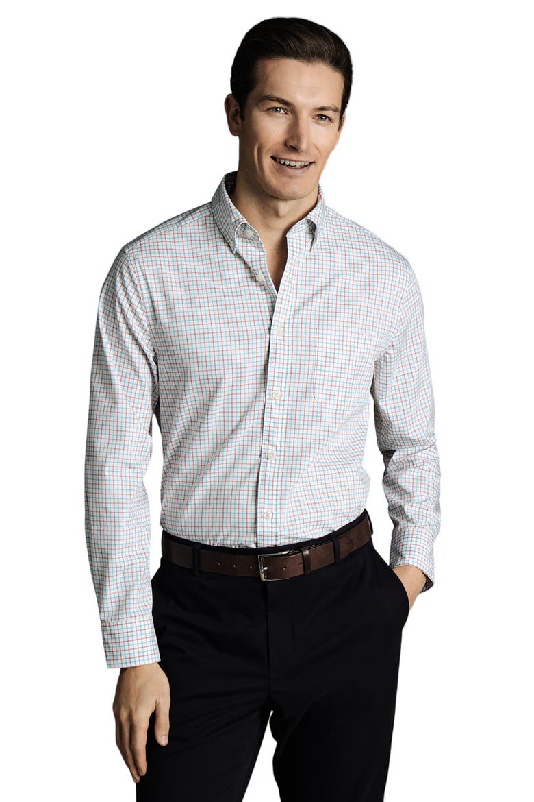 Slim Fit Button-Down Collar Non-Iron Stretch Poplin Check Shirt, Main, color, Coral Pink