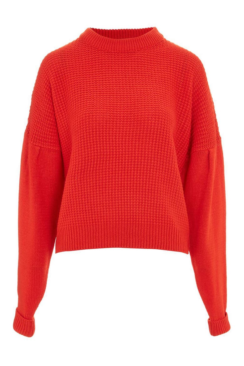Pleat Sleeve Sweater, Alternate, color, RED