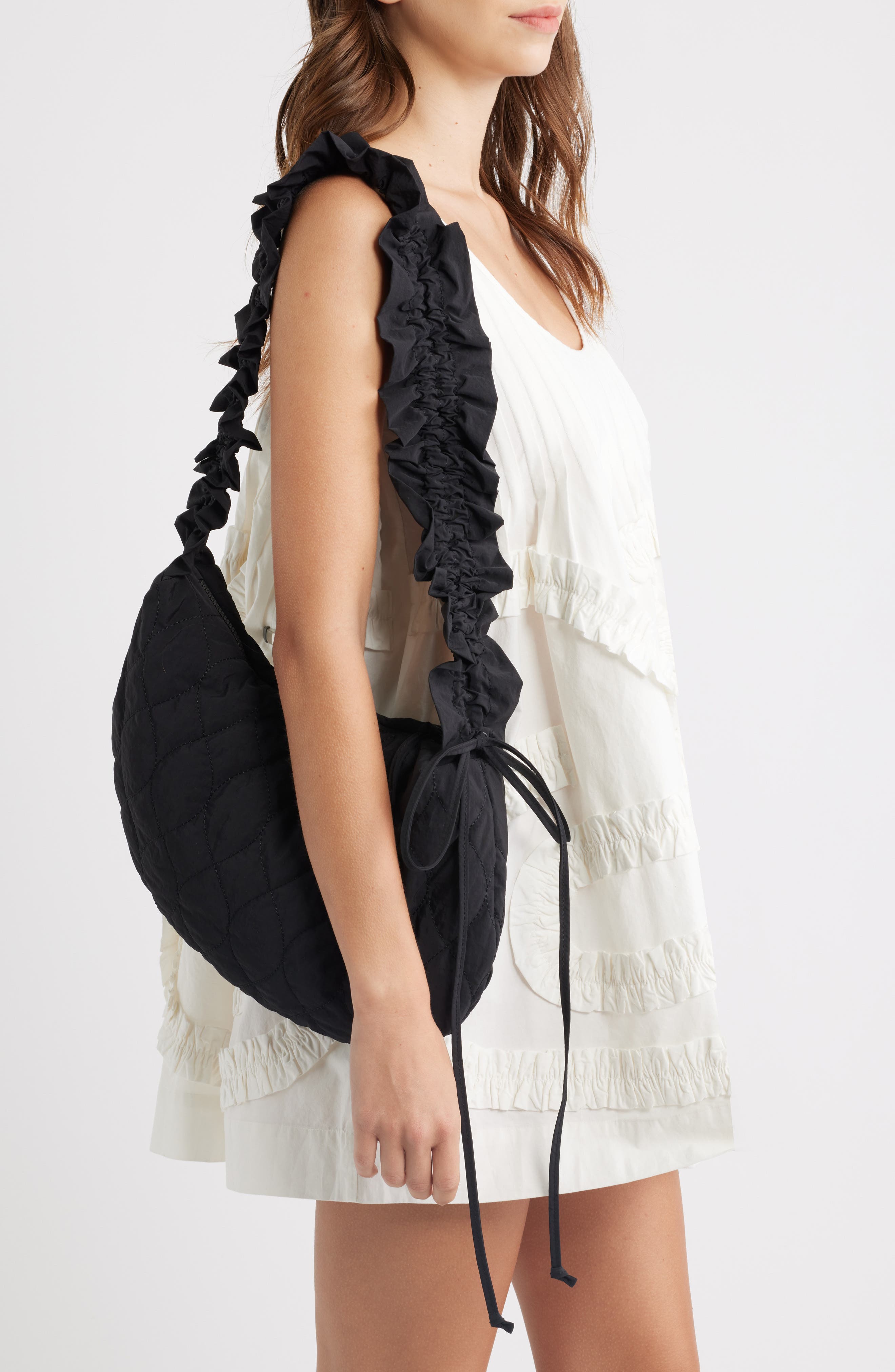 Embroidered Rose Ruched Kidney Bag, Alternate, color, BLACK