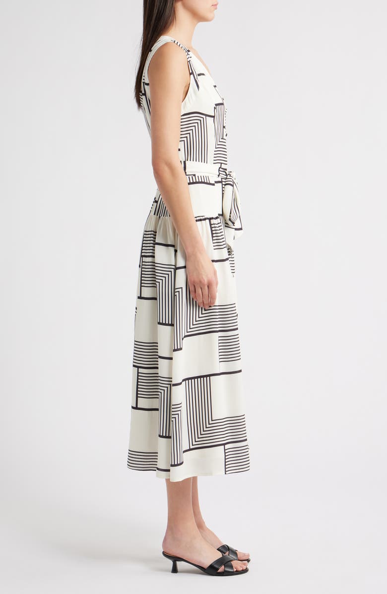 ZOE AND CLAIRE Mixed Geo Print Belted Midi Dress, Alternate, color, Natural/ Black