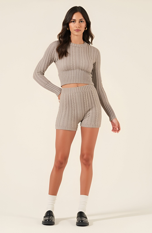 Modenaire Cable Knit High Waist Lounge Shorts With Ribbed Waistband In Neutral