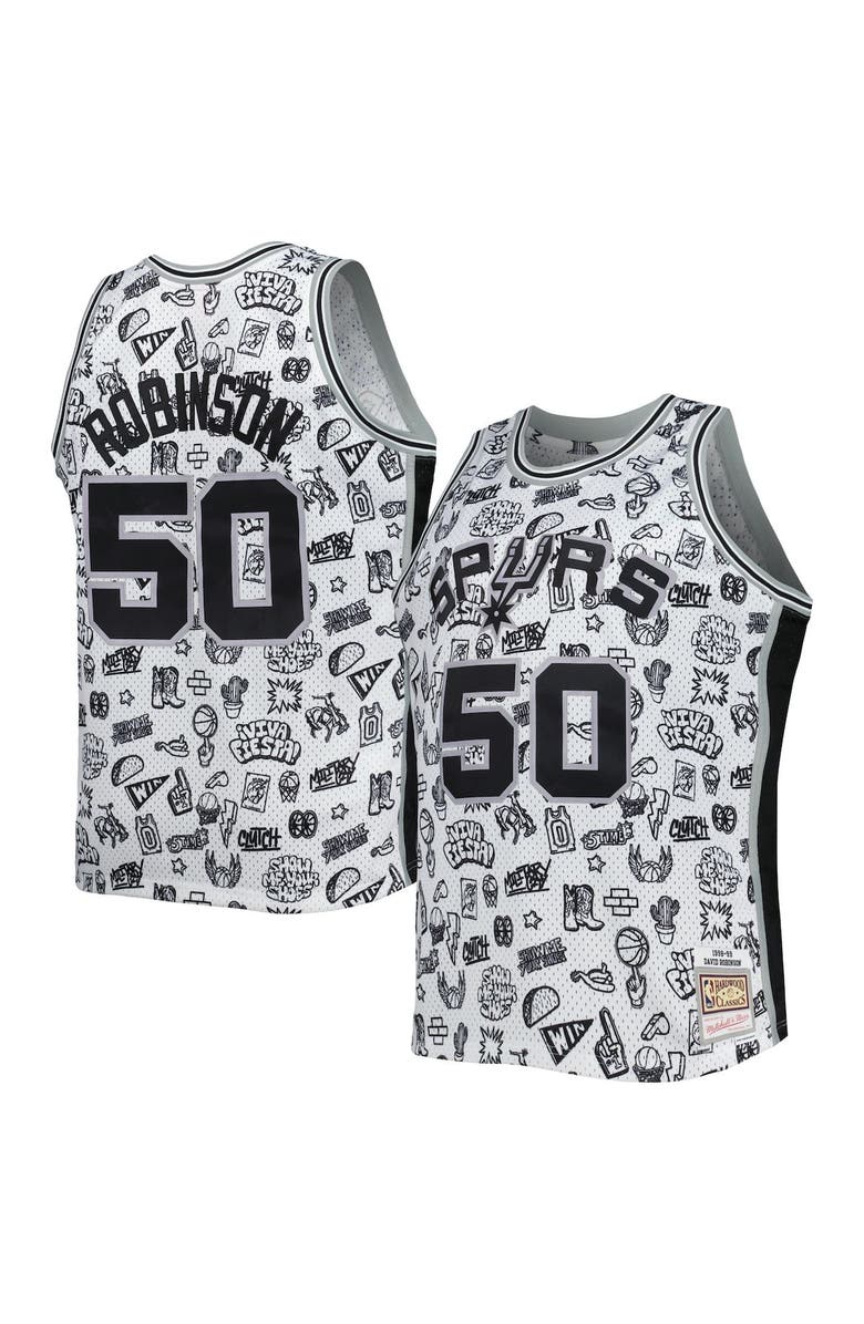Mitchell & Ness Men's Mitchell & Ness David Robinson White San Antonio Spurs 1998/99 Hardwood Classics Doodle Swingman Player Jersey, Main, color, 