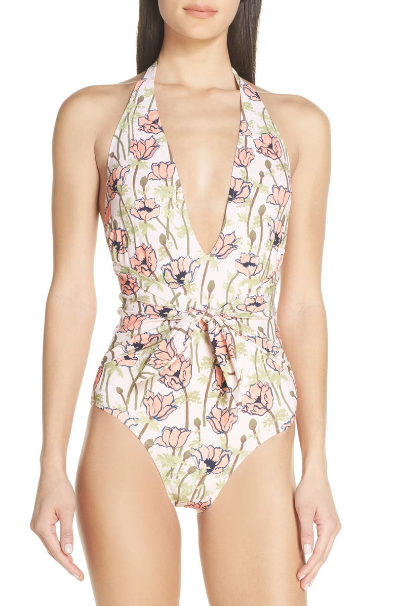 Tory Burch Tie Front Floral Print One-Piece Swimsuit, Main, color,