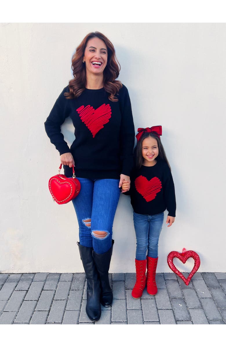 Mia Belle Girls Love Note Embroidered Red Heart Sweater, Alternate, color, Black