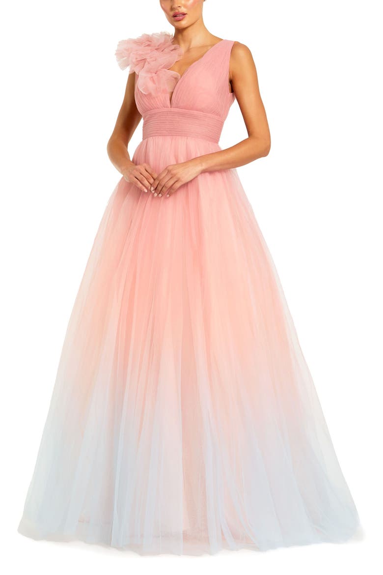 Ruffle Shoulder V Neck Ombre Tulle Ballgown, Main, color, Pink Multi