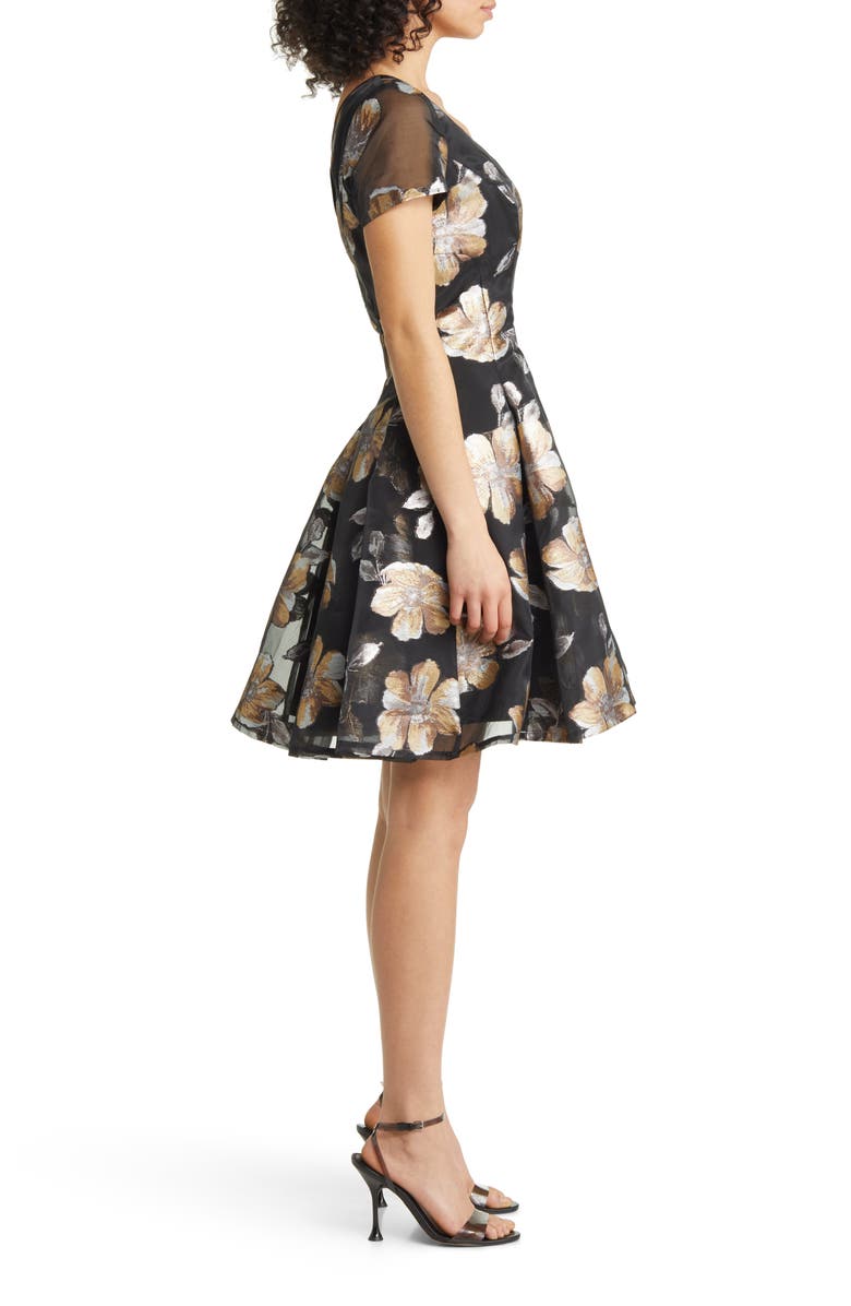 Shani Metallic Floral Jacquard Fit & Flare Organza Dress, Alternate, color, Black/ Gold