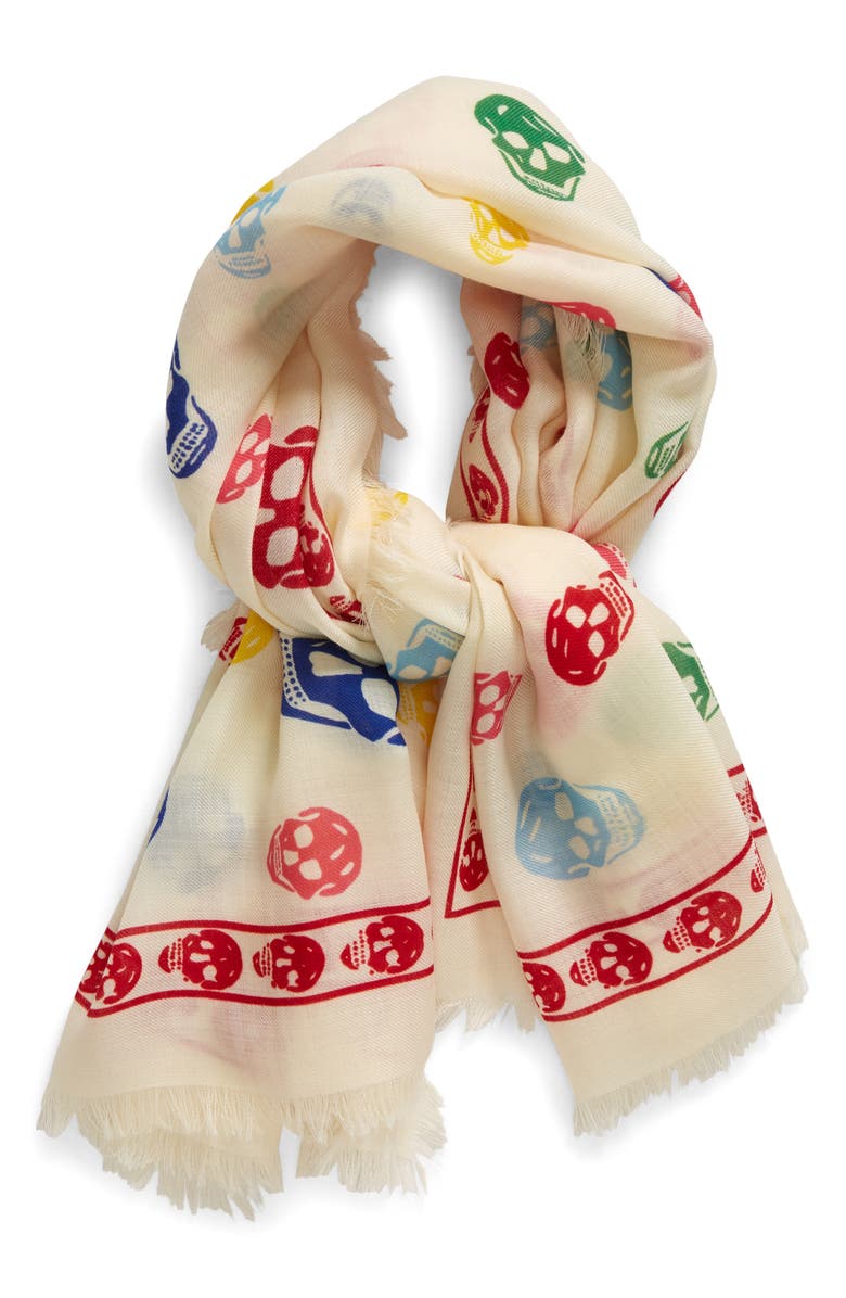 McQueen Rainbow Skull Wool Gauze Scarf, Alternate, color, 
