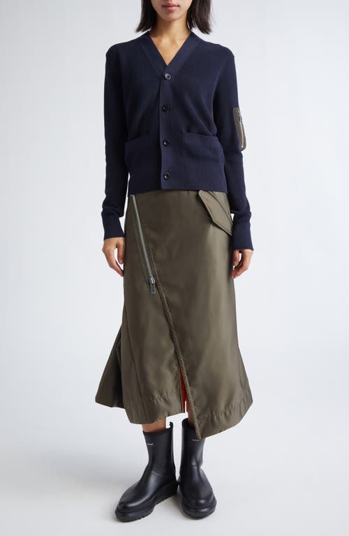Sacai Mixed Media Nylon Twill & Knit Cardigan In Blue