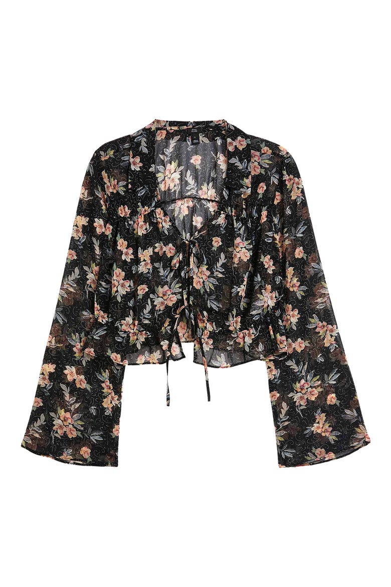 Print Tie Front Crop Blouse, Alternate, color, BLACK