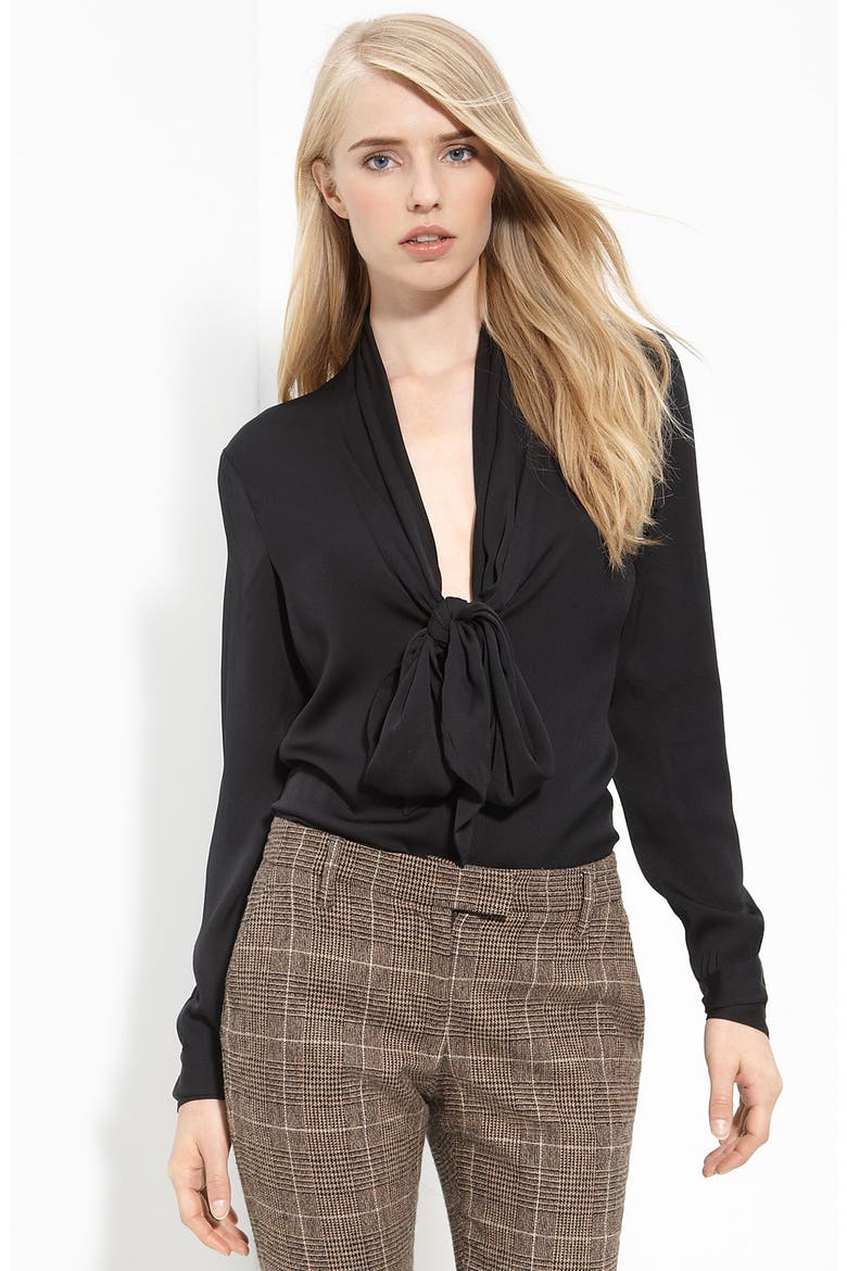 Tie Neck Silk Blouse, Main, color, BLACK