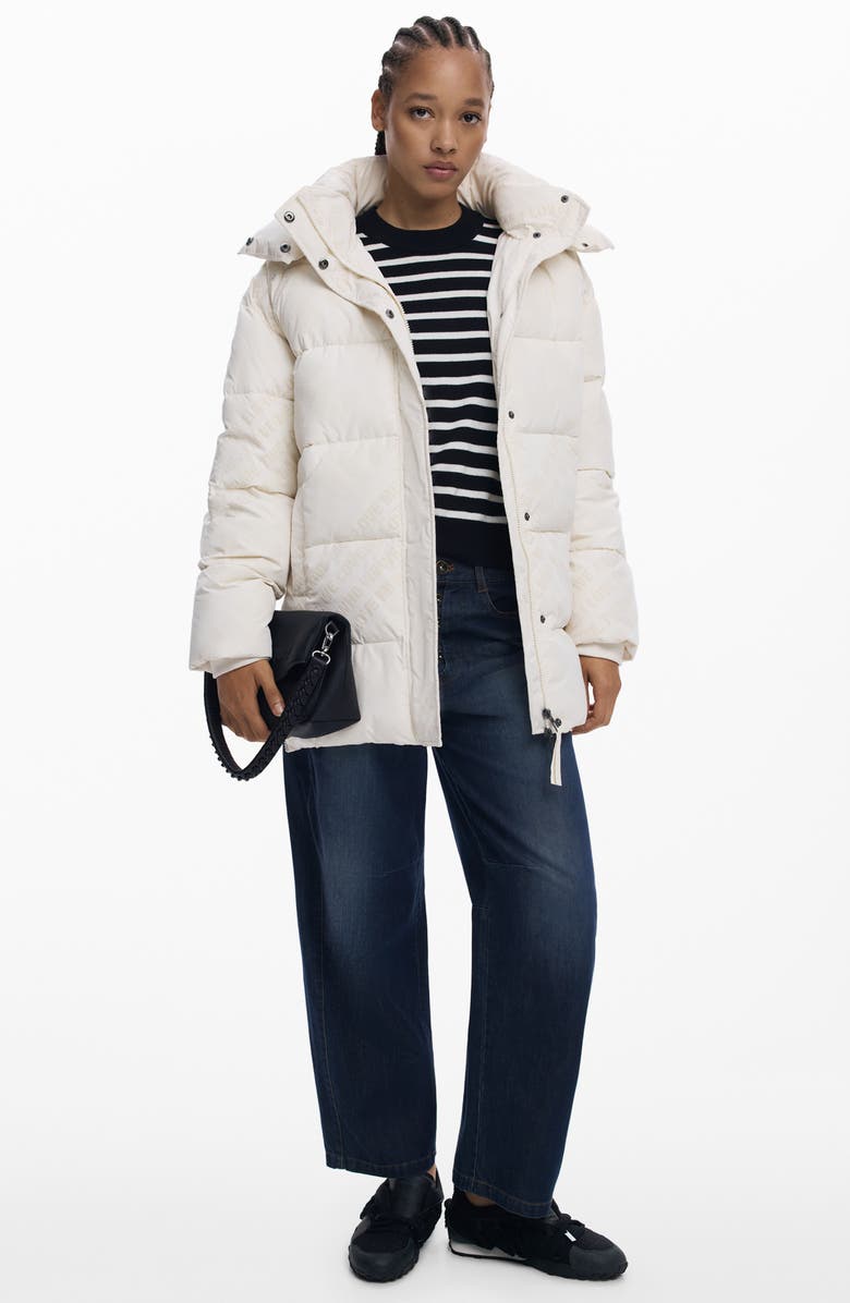 Desigual Flocked Print Quilted Puffer Jacket with Removable Hood, Alternate, color, Light Beige