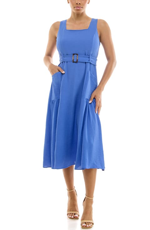 Square Neck Sleeveless Belted Midi Dress
