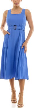 Nina Leonard Square Neck Sleeveless Belted Midi Dress