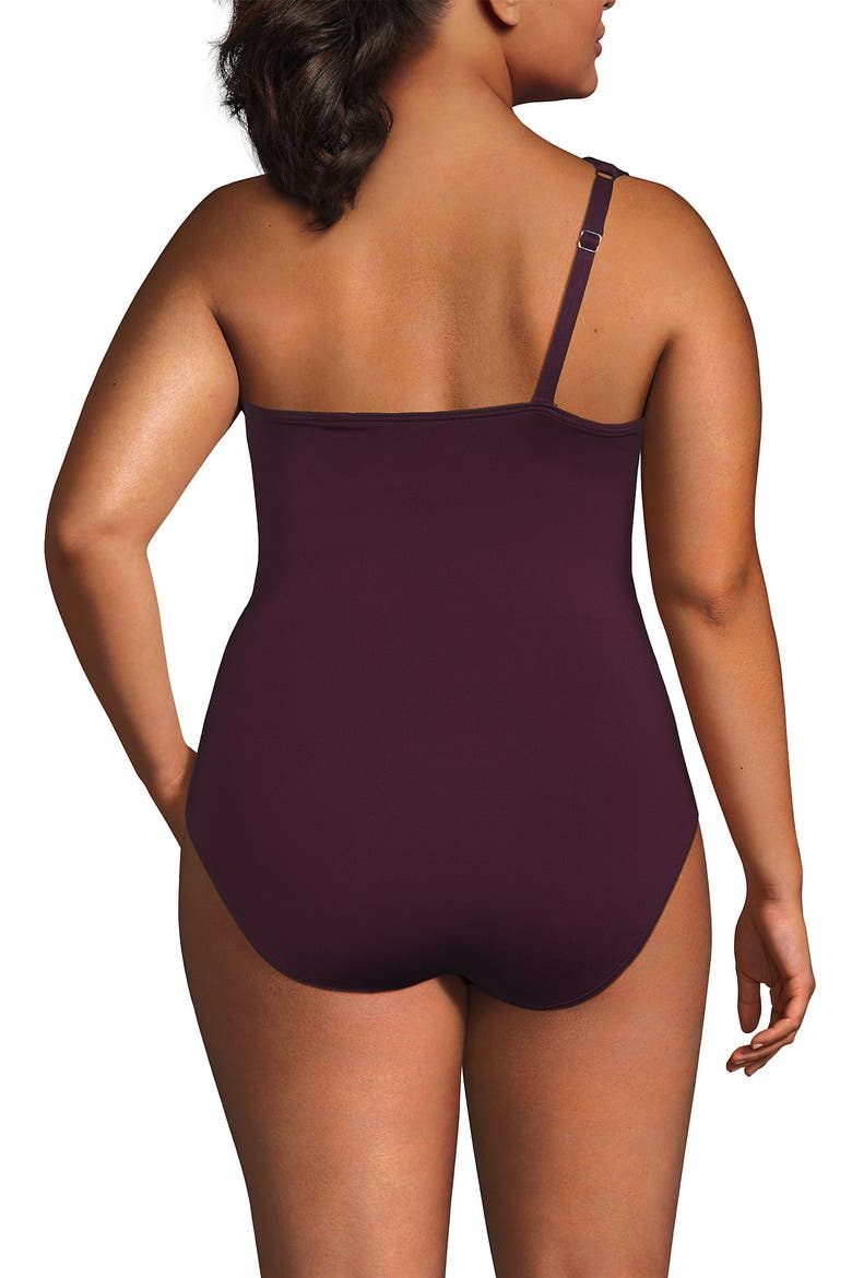 Plus Size Shirred One Shoulder One Piece Swimsuit, Alternate, color, Dark Wine