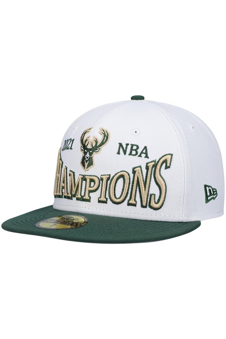 Men's New Era White/Hunter Green Milwaukee Bucks Arch Champs 59FIFTY Fitted Hat, Main, color, White