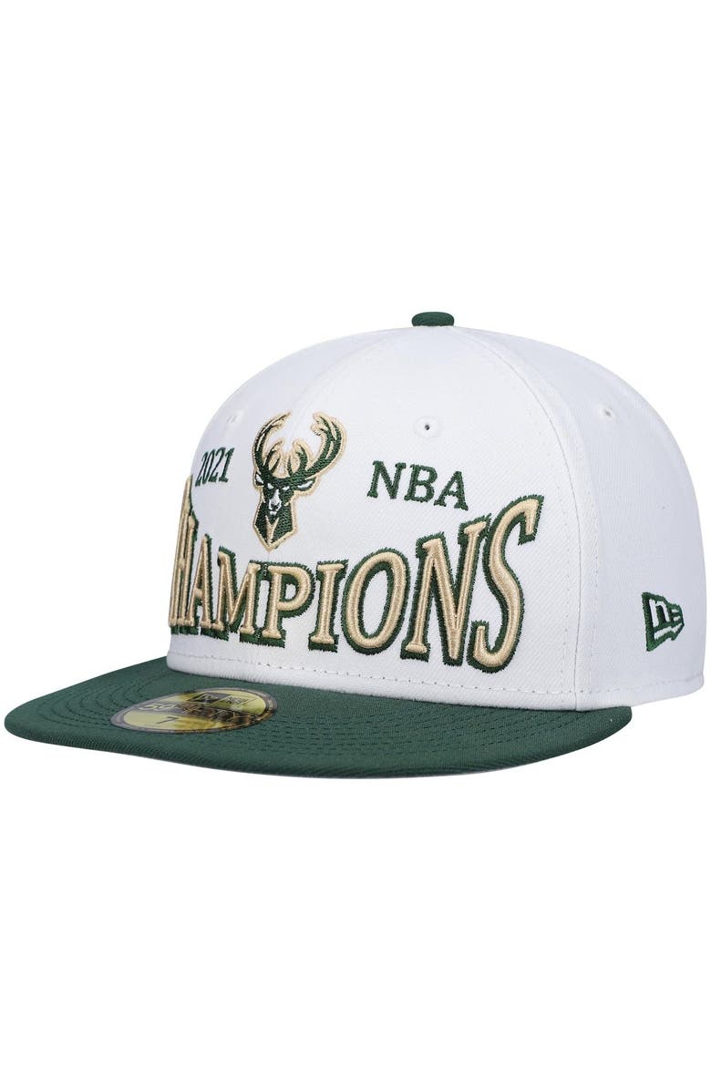 New Era Men's New Era White/Hunter Green Milwaukee Bucks Arch Champs 59FIFTY Fitted Hat, Main, color, 