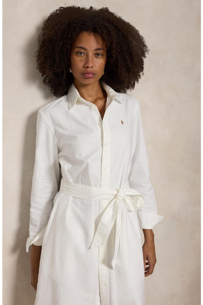 Belted Long Sleeve Cotton Oxford Shirtdress, Alternate, color, WHITE